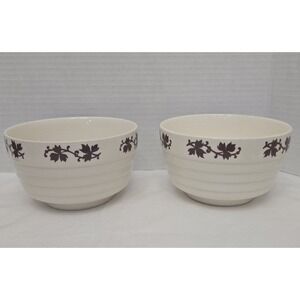 2 Vtg 1940s Universal Potteries Beehive Bowls Maroon Maple Leaf Ribbed Ceramic